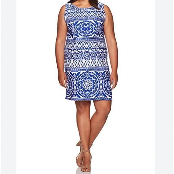 Just . . .Taylor Royal Blue and White Geometric Print Sleeveless Dress. Size 8. - Picture 1 of 13